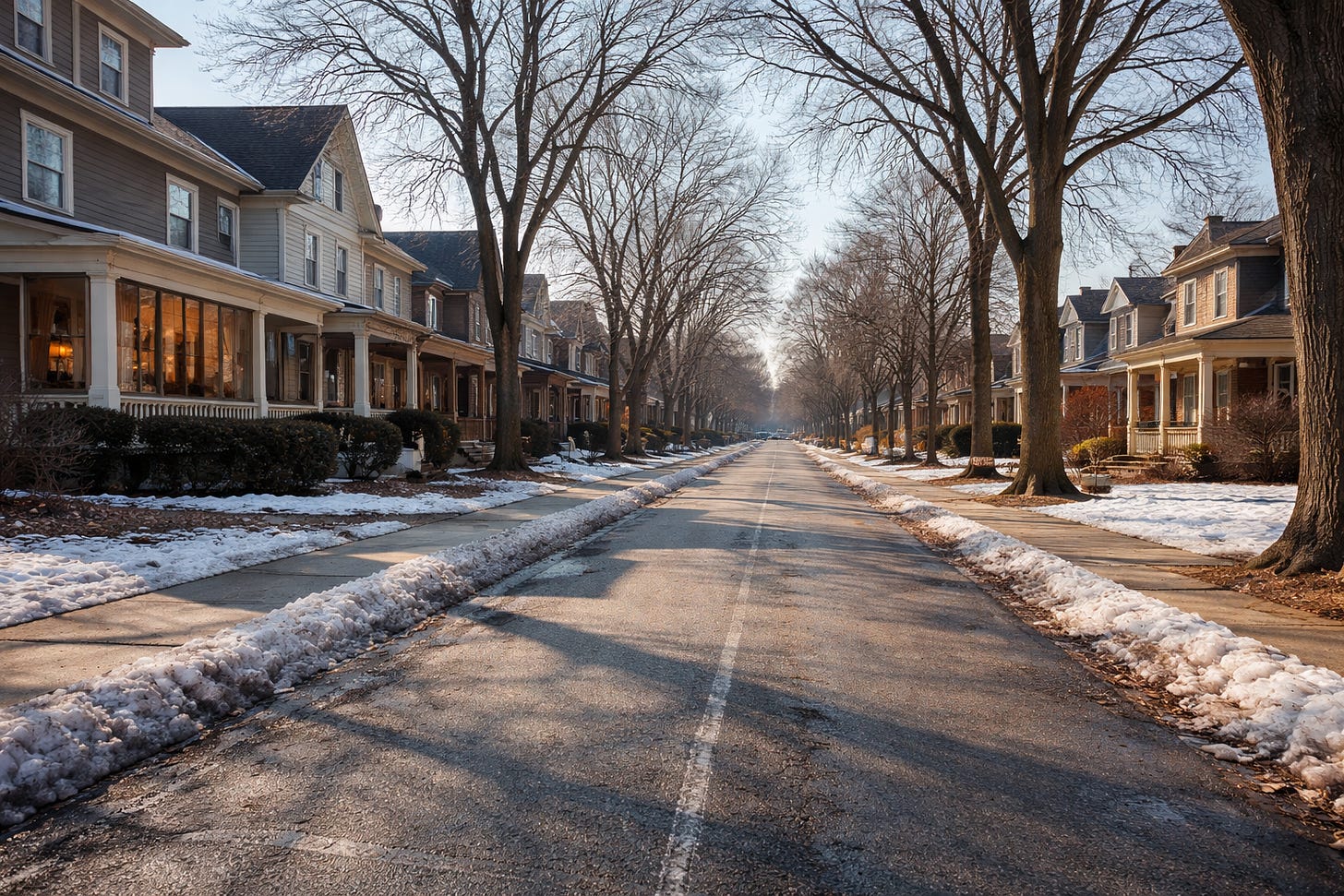 A late-January neighborhood street with bare trees, dry pavement, open curtains, and bright winter light.