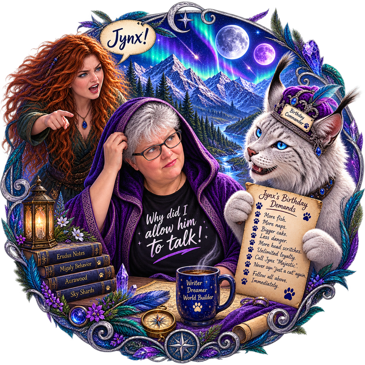 Authour as Jynx confronts her with his lists of demands. Authour as Jynx confronts her with his lists of demands.