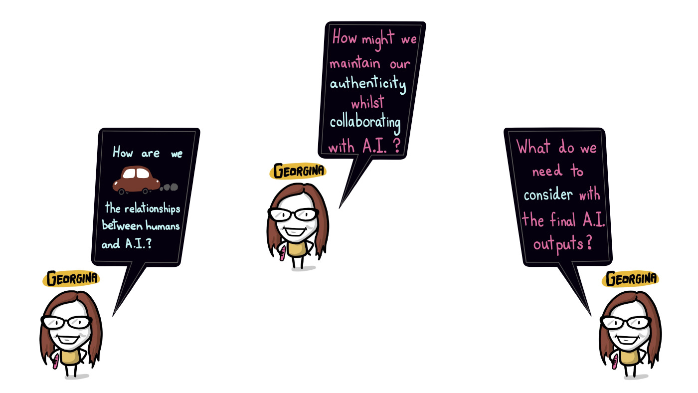 A digital sketchnote featuring three illustrated avatars of Georgina Dean. Each avatar has a speech bubble posing a key question about the intersection of authenticity, human relationships, and artificial intelligence. A digital sketchnote featuring three illustrated avatars of Georgina Dean. Each avatar has a speech bubble posing a key question about the intersection of authenticity, human relationships, and artificial intelligence.