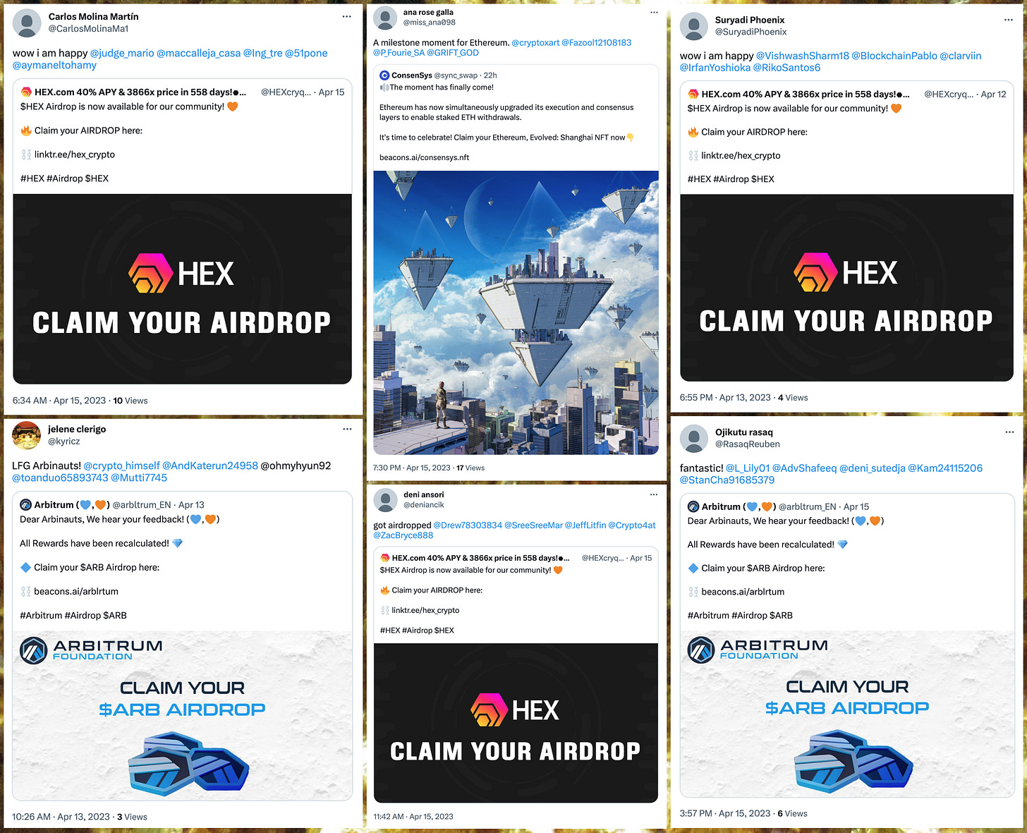 screenshots of cryptocurrency/NFT quote tweet spam from the network