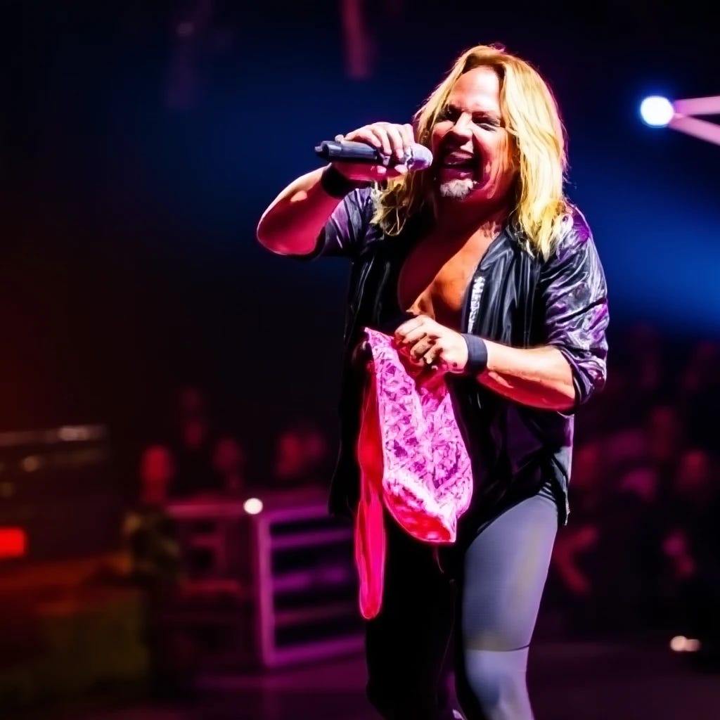 Vince Neil of Motley Crue onstage holding a pair of panties