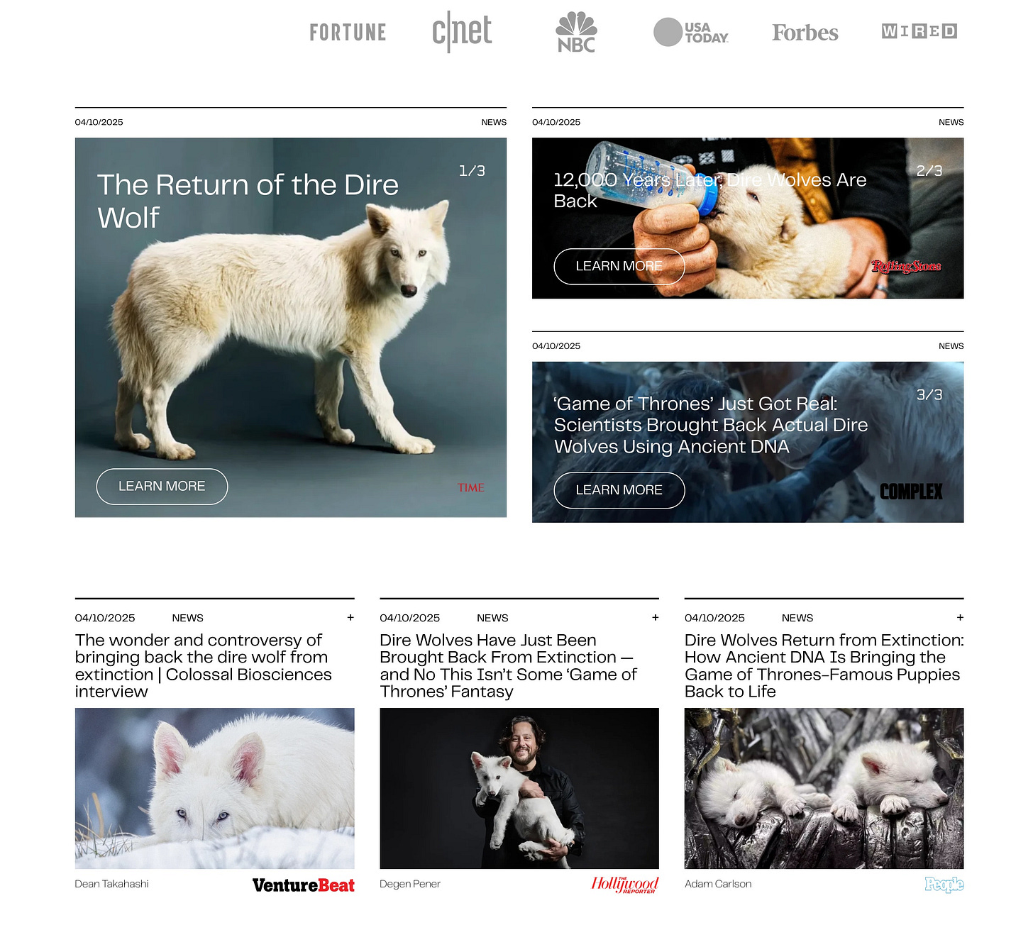 A screen cap of the news page on Colossal Biosciences website. At the top is a row of logos for news organization, including Fortune, CNet, NBC, USA Today, Forbes and Wired. Below that are three large tiles for different stories. The largest, at left, features the Time Magazine cover photo with the title, “The Return of the Dire Wolf.” At right are two smaller tiles, one with a Rolling Stone Logo, a photo of a white wolf pup being bottle fed, and the title, “12,000 years later, Dire Wolves are Back,” and one with a Complex logo, an image of the white wolf from the TV show Game of Thrones, and the title, “Game of Thrones just got real: Scientists brought back actual dire wolves using ancient DNA.” At the bottom are three smaller tiles. At left, one with a Venture Beat logo and a photo of a white wolf crouching in the snow and the title, “The wonder and controversy of bringing back the dire wolf from extinction: Colossal Biosciences interview.” At center, one with a Hollywood Reporter logo and photo of Colossal Biosciences co-founder Ben Lamm holding a large wolf cub, and the title, “Dire wolves have just been brought back from extinction - and no this isn’t some Game of Thrones fantasy.” At right, one with a People Magazine logo, an incredibly cute photo of two, small, napping wolf cubs, and the title, “Dire wolves return from extinction: How ancient DNA is bringing the Game of Thrones-famous puppies back to life.”