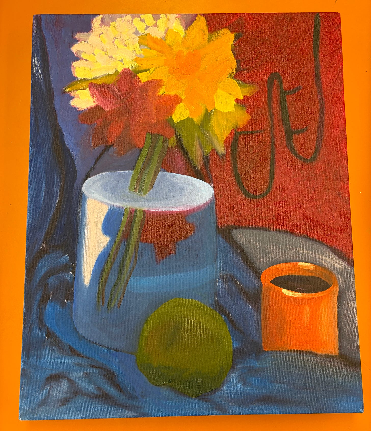 Still life painting of a vase, flowers, an apple, on a table with blue tablecloth and red flag with a hand in the background