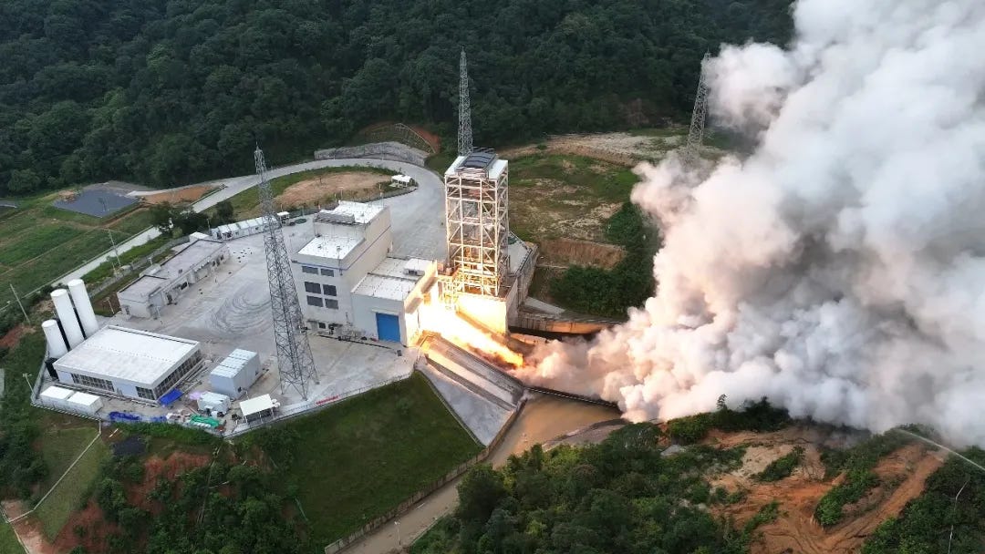 A Kinecore-2 engine during a development test firing in June 2026 at CAS Space’s Conghua firing center.