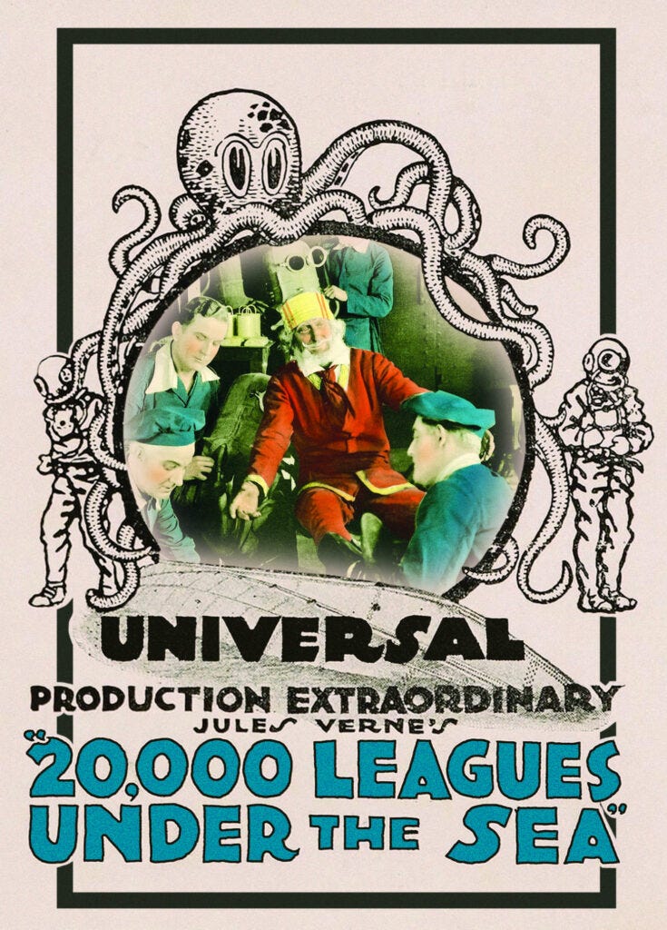 A poster for 1916 film 20,000 Leagues Under the Sea. A huge octopus wraps its tentacles around a circular image of captain Nemo and crew members. Two divers, one on each side of the poster, wear old-fashioned diving helmets