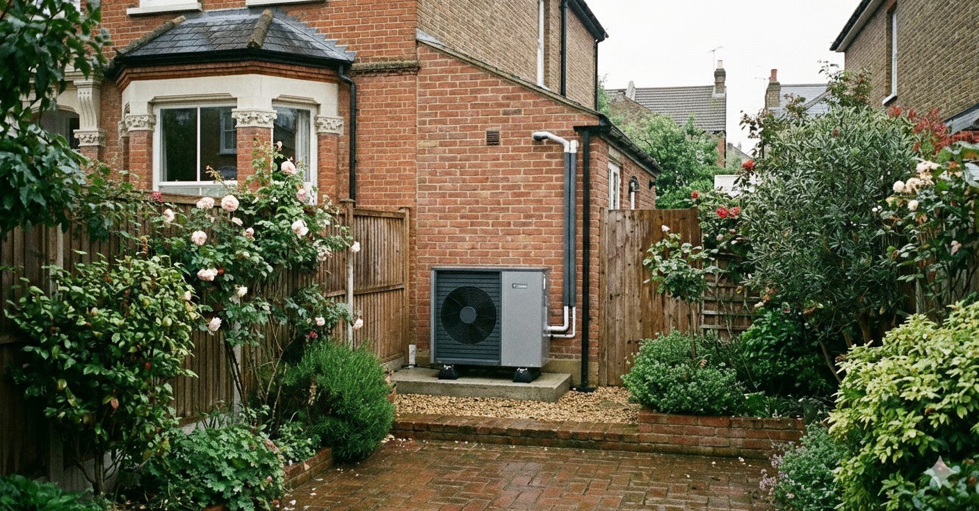 AI generated image of a heat pump for a Victorian house