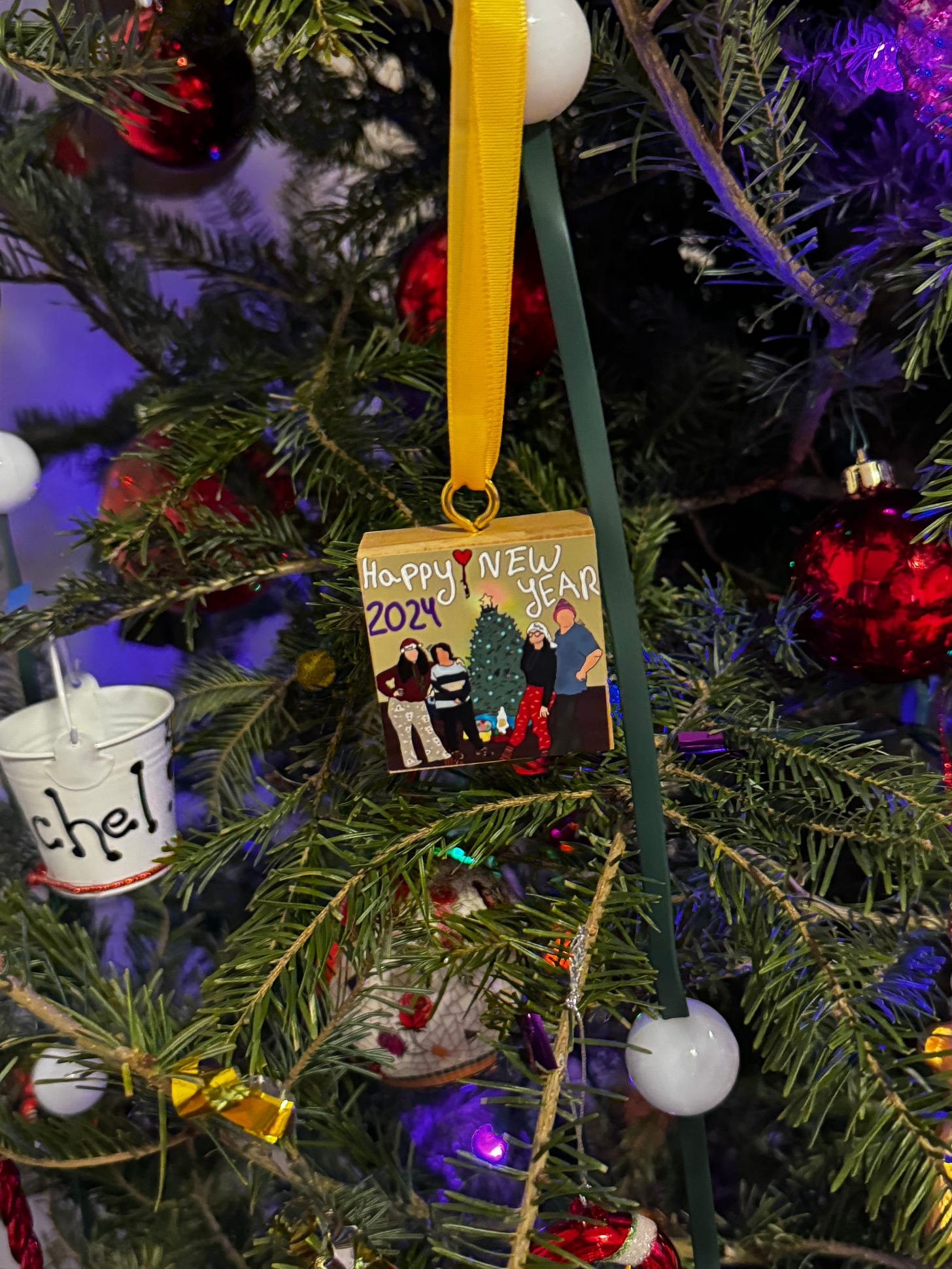 ornament on a tree showing Katya's family
