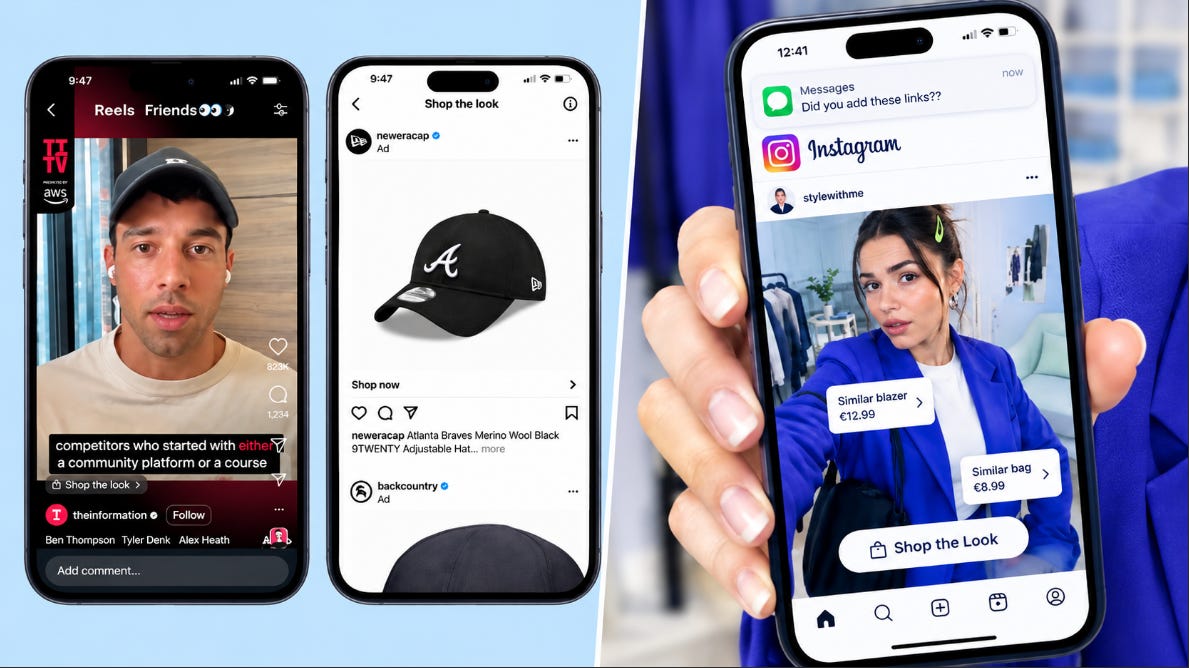 Three smartphone screens showing TikTok Reels, Instagram Shop, and shoppable Instagram DMs with product tags.