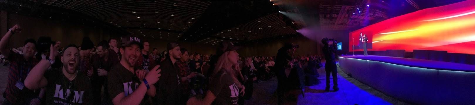 Photo of LinkedIners watching a stage at our annual sales kickoff
