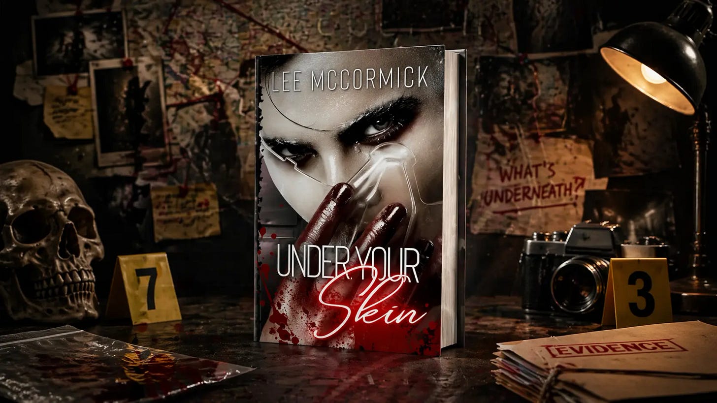 Book cover featuring a young man with intense, smoky eye makeup partially covering his mouth with a blood-smeared hand. Clear tubing runs across his face, suggesting a medical element. Red splatters appear across the lower portion. “Under Your Skin” is displayed prominently, with the author name Lee McCormick.