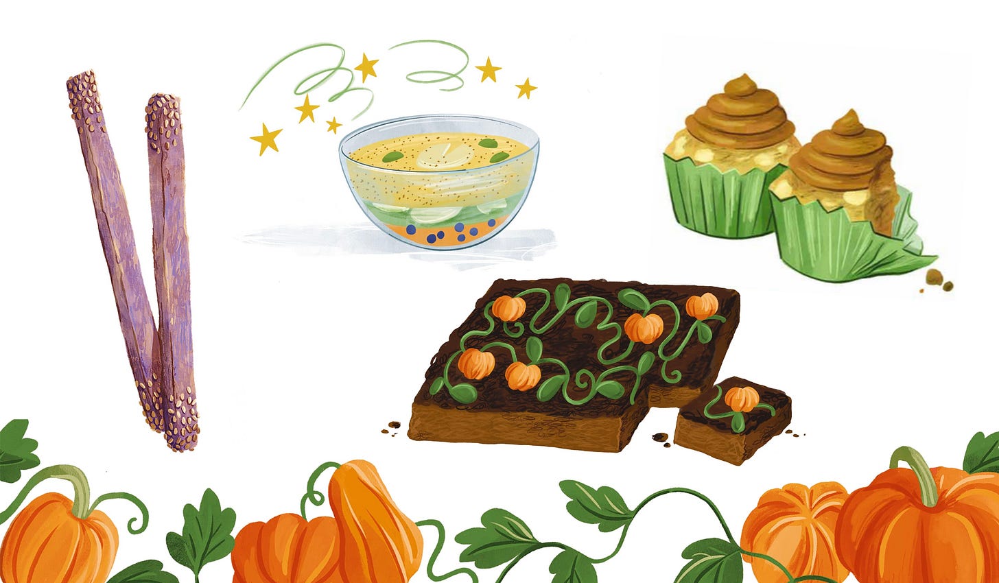 Illustrations of spooky snacks on a white background, with a colourful pumpkin border along the bottom. 