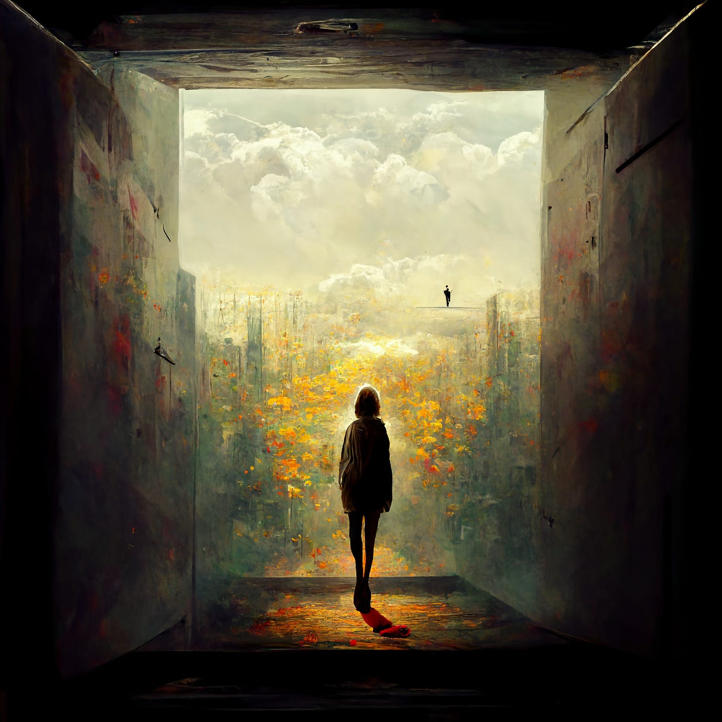 A painting of a person walking out of a dark box and into a bright new world