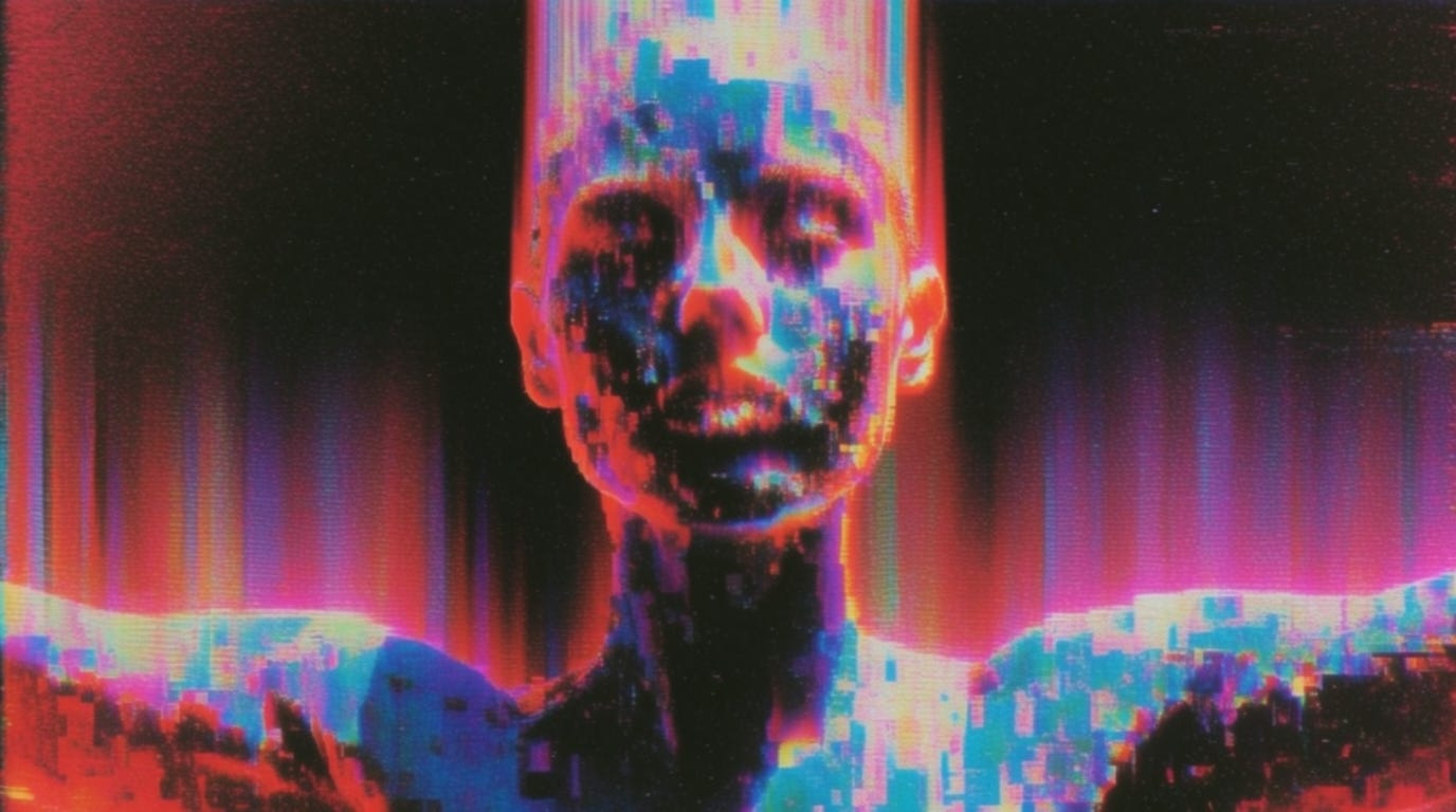 Human figure dissolving into vertical pixel sort columns, neon magenta and cyan, CRT scanlines, chromatic aberration, dark void background, 16:9
Human figure dissolving into vertical pixel sort columns, neon magenta and cyan, CRT scanlines, chromatic aberration, dark void background, 16:9