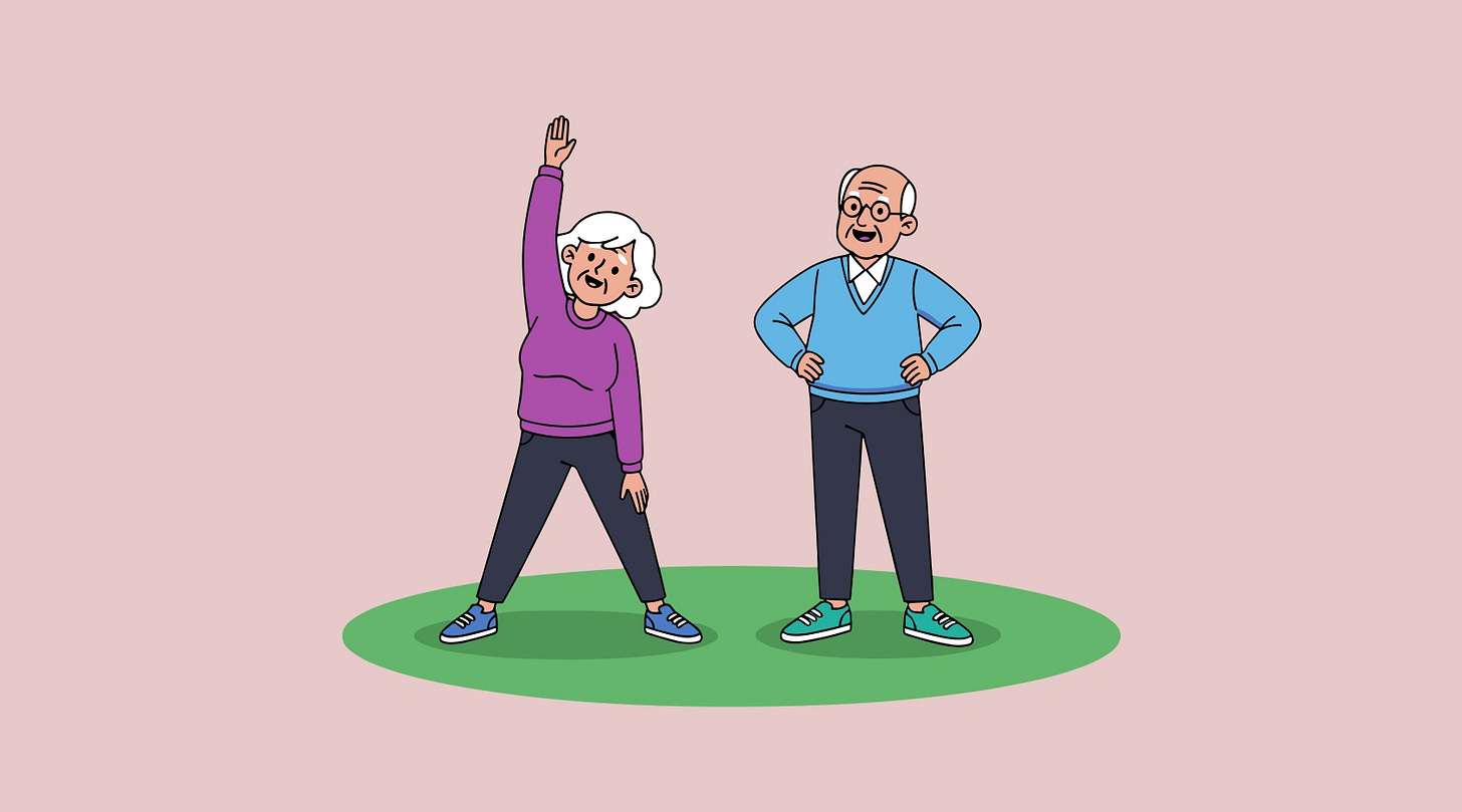 An older woman on the left arm raised about to stretch and an older man on the right. An older woman on the left arm raised about to stretch and an older man on the right.