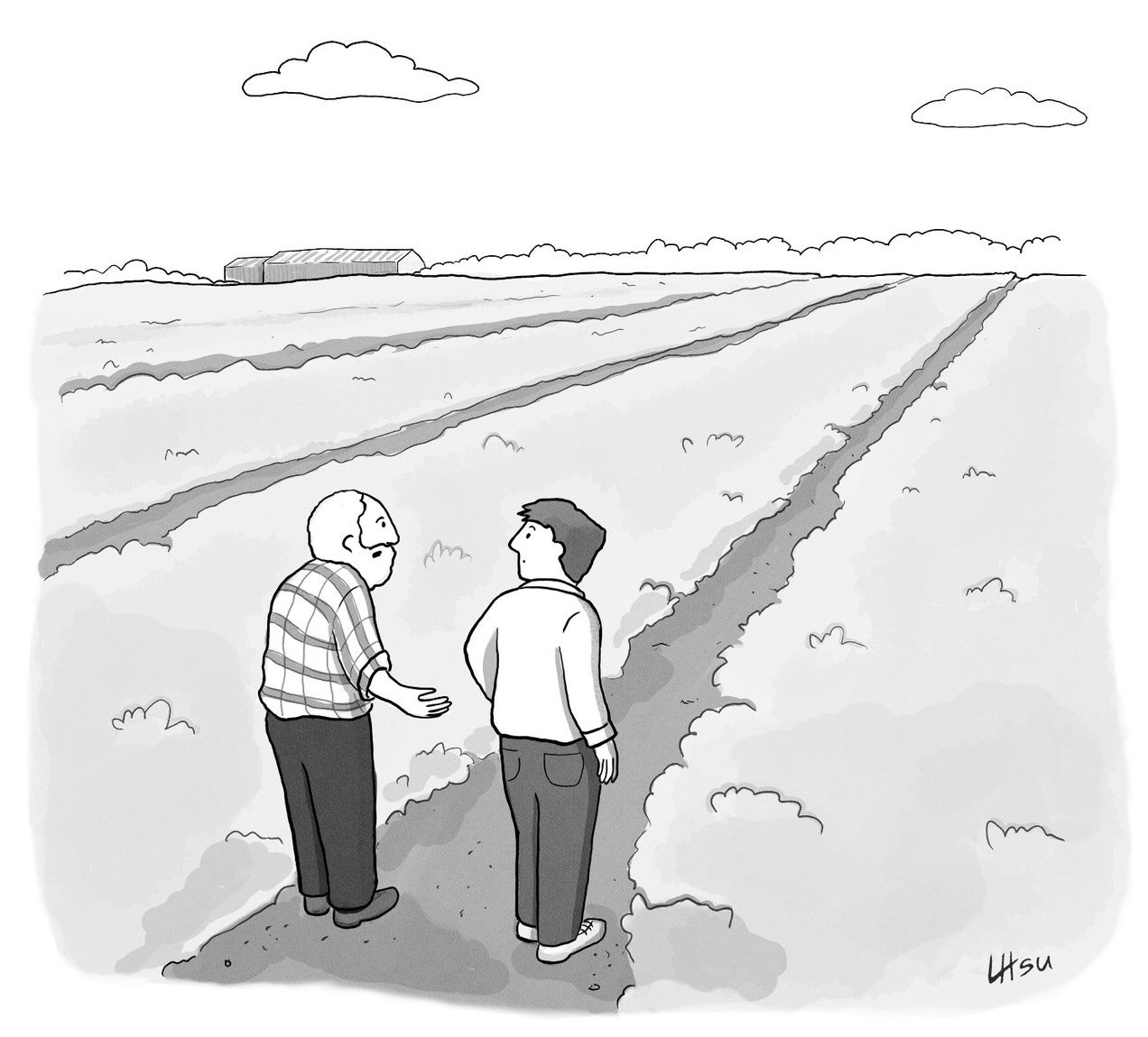 An older man and a younger one stand before a vast field. An older man and a younger one stand before a vast field.