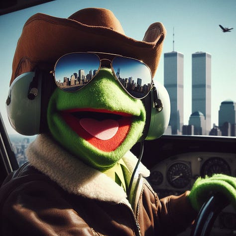 Bing-generated images of Kermit, Bart Simpson, Goku, Spongebob Squarepants, and Shinji Ikari and Asuka Langley doing 9/11