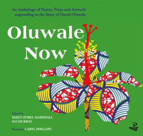 The front cover of Oluwale now - a colourful stylised drawing of a hibiscus plant on a green background.