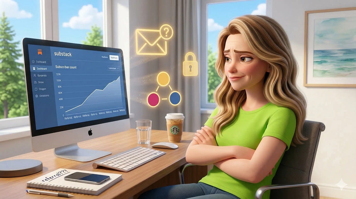Pixar-style 3D woman at iMac reviewing Substack dashboard with holographic email and segmentation icons floating beside the screen
