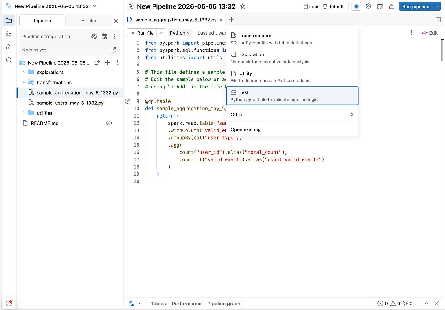 Add pipeline assets menu showing the Test option to create a pytest file. Add pipeline assets menu showing the Test option to create a pytest file.