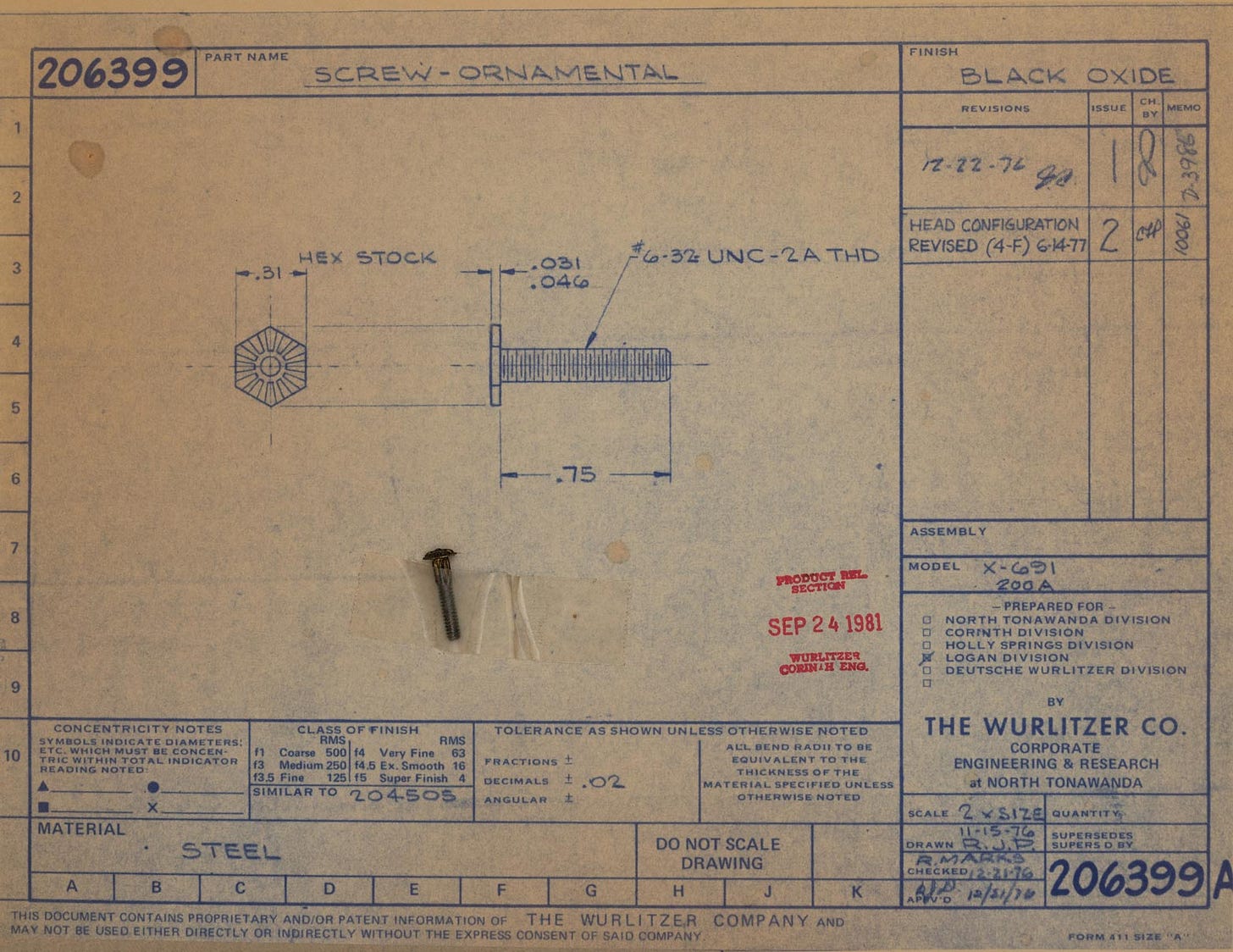 The blueprint drawing of the Wurlitzer 200a speaker screw, with a different speaker screw taped to it.