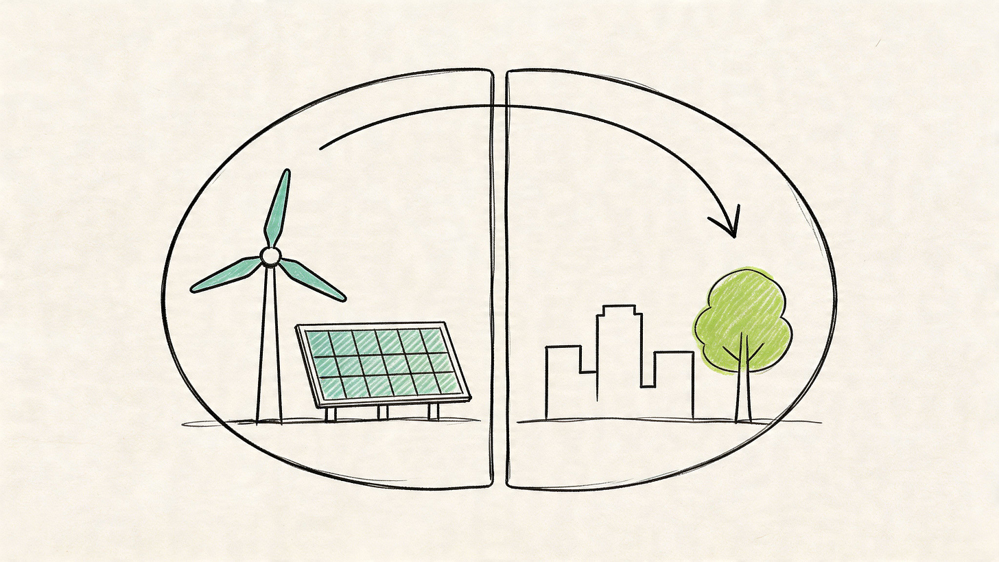 A conceptual line drawing illustrating renewable energy sources like wind and solar powering a sustainable green city.