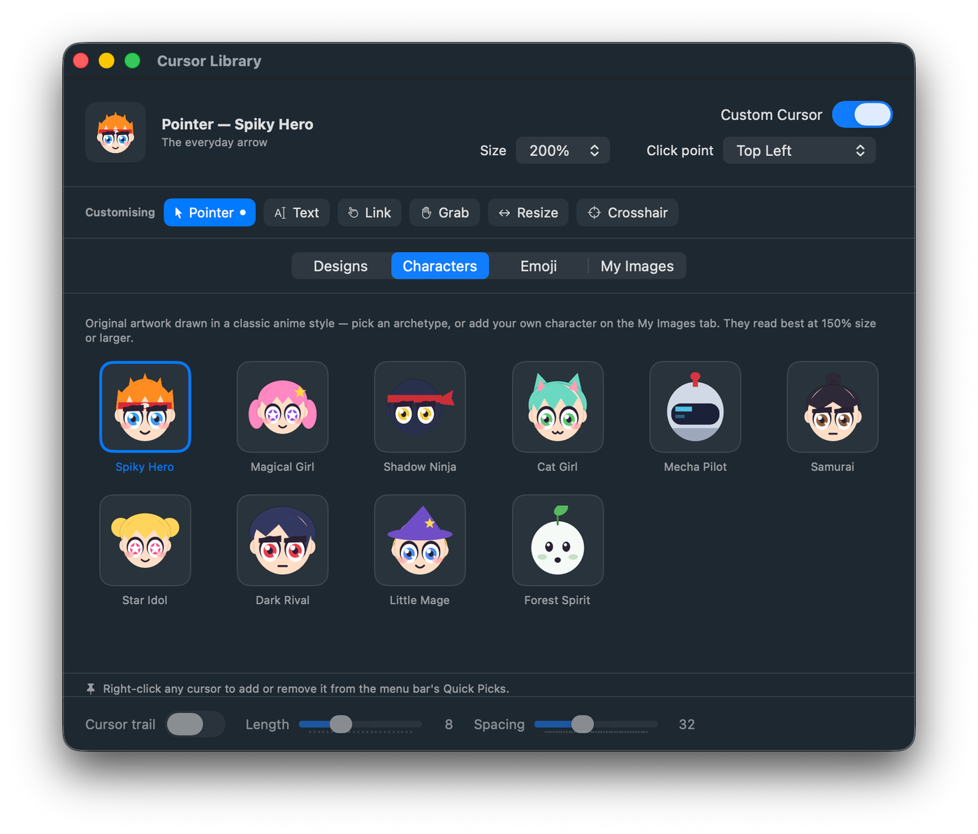 The Characters tab with original anime-style characters such as Spiky Hero, Magical Girl, Cat Girl and Forest Spirit