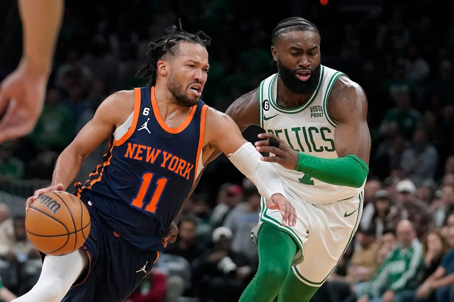 Jalen Brunson and Jaylen Brown during the Boston Celtics April 8 win over the New York Knicks