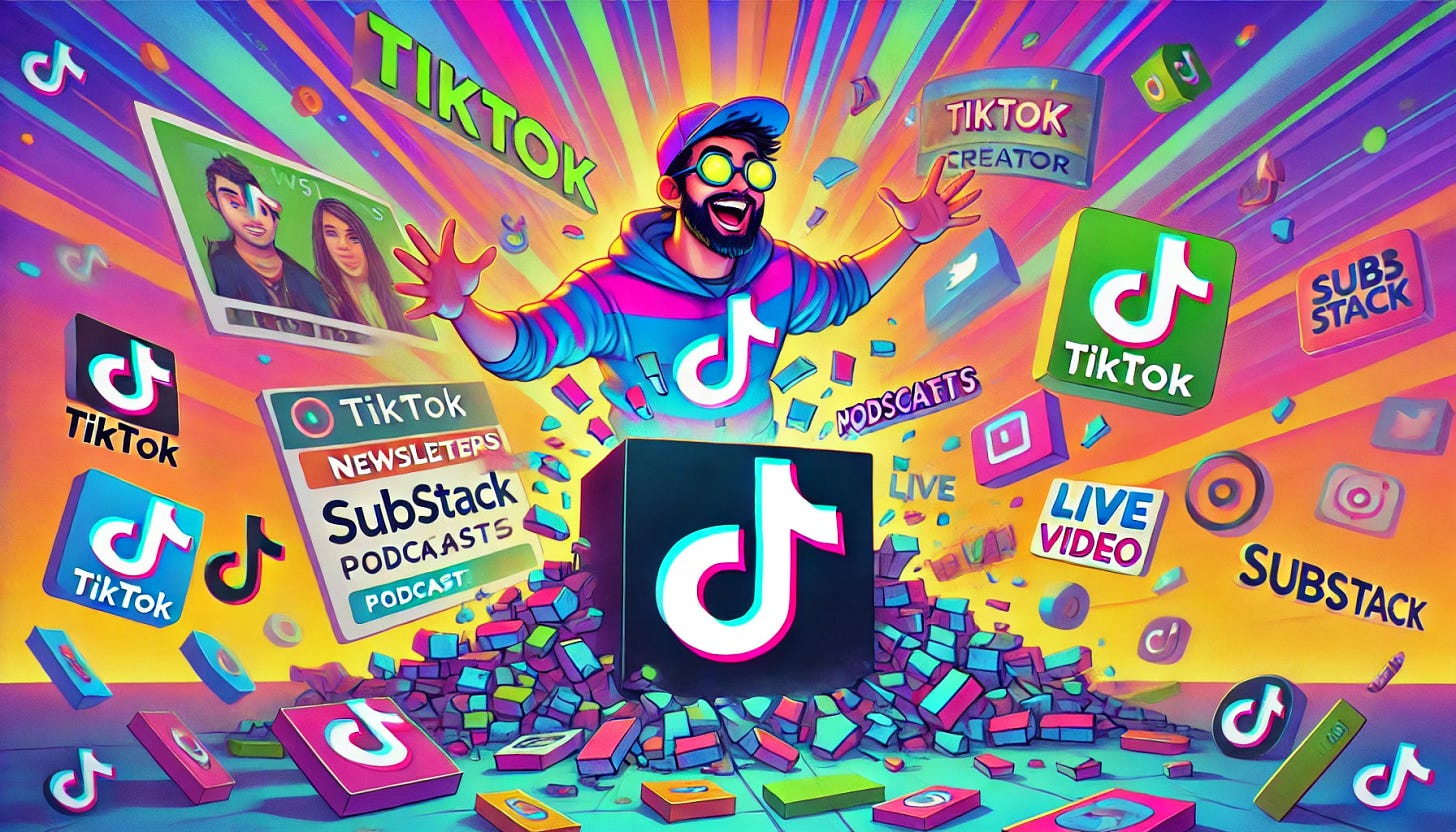 A colorful and cartoonish illustration of a former TikTok creator transitioning to Substack. The creator is depicted in a lively, animated style, surrounded by playful icons representing newsletters, podcasts, and live video broadcasts, with bright and exaggerated neon tones. The TikTok logo is shown humorously crumbling into pixels in the background, while the Substack logo glows cheerfully in the foreground. The scene is whimsical and energetic, capturing the excitement and optimism of the move to a more robust and creator-friendly platform. Cartoon-style details and vibrant, playful colors dominate the image.