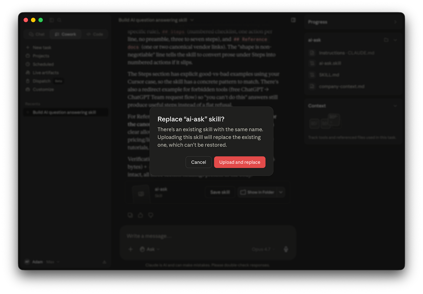 A confirmation modal titled “Replace ai-ask skill?” with the message about an existing skill being replaced and two buttons: Cancel and Upload and replace.