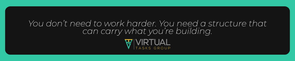 “You don’t need to work harder. You need a structure that can carry what you’re building.” A clarity-driven business quote from the VTG Vault by Virtual Task Group, emphasizing business clarity meaning, strategic plans, and how structure supports sustainable growth and scalability.