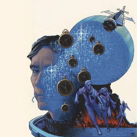 LEFT: Pen and ink sketch for TIME AND AGAIN featuring a man in spacesuit standing at the forefront of a group of people. He holds a book with a space theme on the dark back cover. In his other hand, he holds the bowl shaped space helm. Flanking him on either side are humanoid figures with numbers on their foreheads. Farther left is a trio of more traditional looking men and women. Behind them is a square field of stars, contrasting with details in white on dark. CENTER: Detail from TIME AND AGAIN featuring a man in tattered spacesuit whose eyes are glowing blue with starbursts. A window behind is shattered showing through with a starfield colored with the cloud of a blue nebula. RIGHT: Preliminary concept for TIME AND AGAIN featuring a headshot of a man with headset microphone near his mouth. The left half of his face is flesh tone while the rest is tinted light blue sparkling with starbursts that extend out over a planet next to him. A spaceship flies overhead the top edge. Antique pocket watches, gold trimmed with black faces, hover in the air. In the lower right, a pair of human figures (one male, one female) are fleeing from a robotic figure. On the male’s forehead a number is inscribed in white.