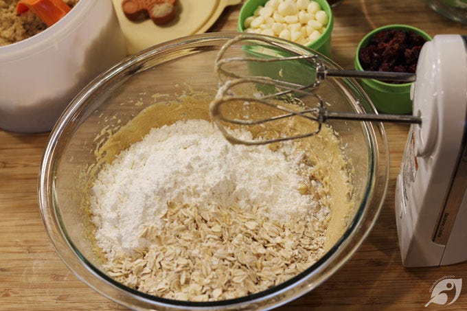 Step 5 - Mix in the flour followed by the old-fashioned oats, mixing until combined. Step 5 - Mix in the flour followed by the old-fashioned oats, mixing until combined.