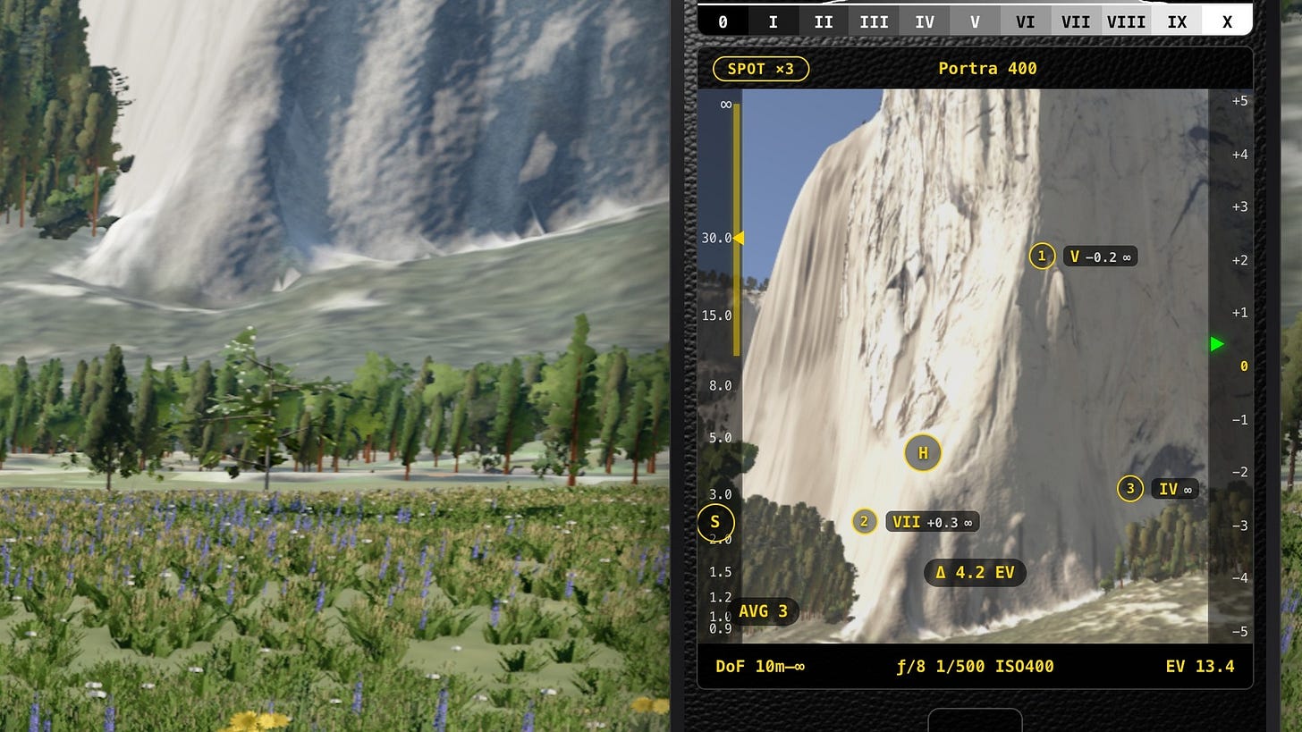 The GlassMeter app beside the scene, with three spot readings on El Capitan's wall, each labelled with its zone. The GlassMeter app beside the scene, with three spot readings on El Capitan's wall, each labelled with its zone.