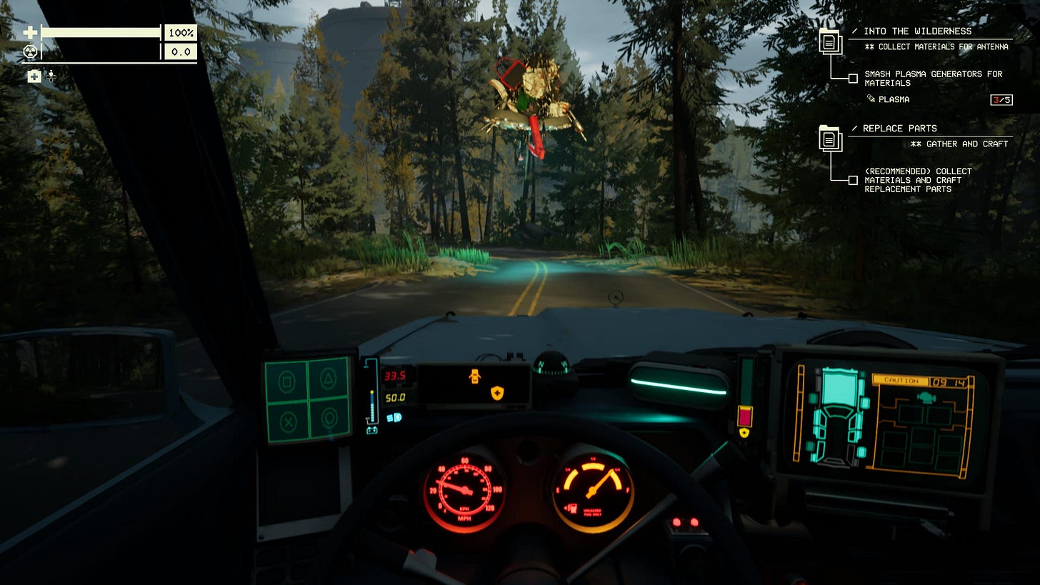 Interior of a car, looking out onto a wooded road, with a strange junk pile floating in the air
