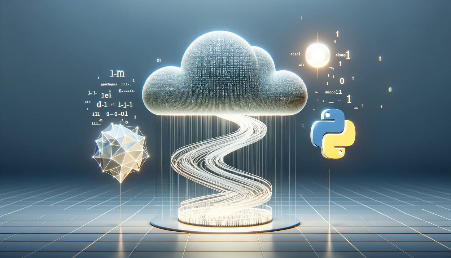 A minimalistic, wide composition illustrating the concept of easy data synthetic generation and large language model (LLM) training workflows using a Python package. The image should feature symbolic representations of data generation, such as flowing streams of binary code converging into a glowing, abstract data cloud. Nearby, a simplified Python logo interacts with the cloud, symbolizing the process of data manipulation and model training. The entire scene is set against a clean, tech-inspired background to emphasize simplicity and innovation, without any text.
