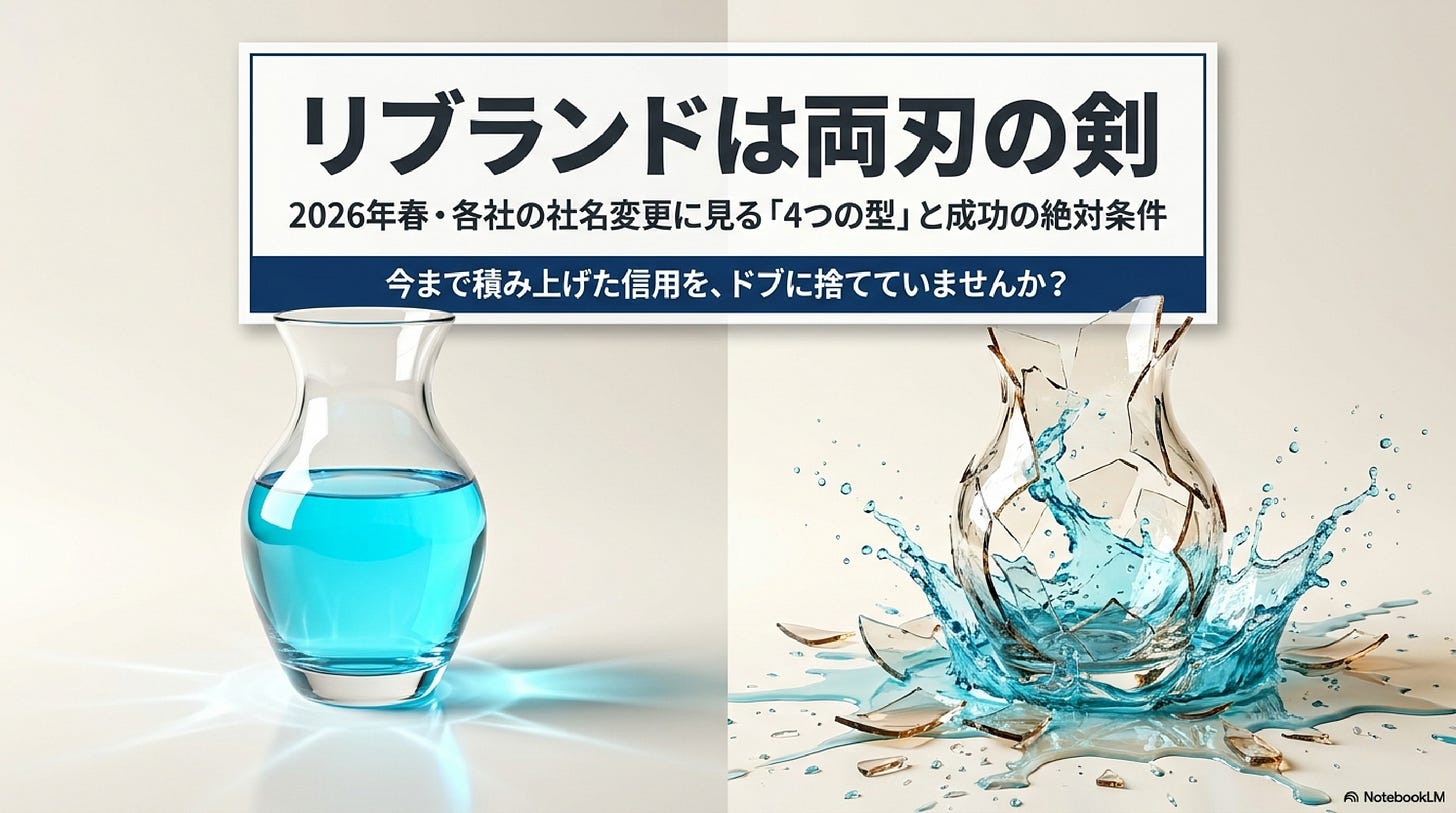 記事のアイキャッチ画像。左に青い水がなみなみと入った無傷のガラスの器、右に砕け散って水が飛び散る器を対比している。中央に「リブランドは両刃の剣」「2026年春・各社の社名変更に見る『4つの型』と成功の絶対条件」「今まで積み上げた信用を、ドブに捨てていませんか?」の文字。社名変更が成功にも失敗にも転びうることを、信用という水を湛える器の対比で表現している。 記事のアイキャッチ画像。左に青い水がなみなみと入った無傷のガラスの器、右に砕け散って水が飛び散る器を対比している。中央に「リブランドは両刃の剣」「2026年春・各社の社名変更に見る『4つの型』と成功の絶対条件」「今まで積み上げた信用を、ドブに捨てていませんか?」の文字。社名変更が成功にも失敗にも転びうることを、信用という水を湛える器の対比で表現している。