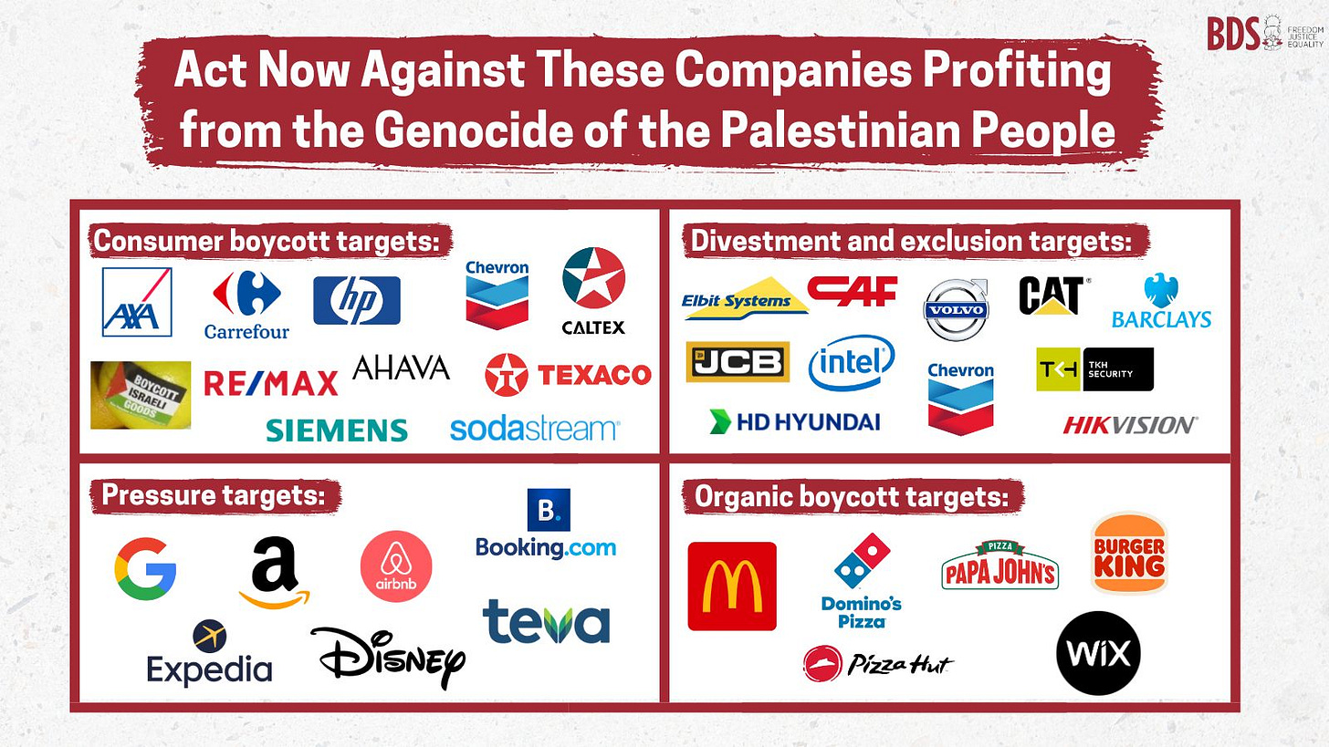 A graphic with logos of companies that profit from the genocide of the Palestinian people. Targets include AXA, Carrefour, HP, Chevron, Texaco, Siemens, SodaStream AHAVA, Disney, AirBnB, Booking.com, Expedia, Amazon, Google and more. More information can be found on the BDS website.