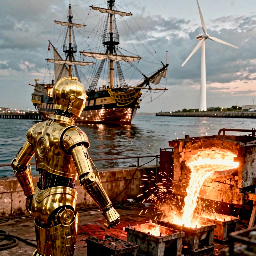 A robot in a gold suit with Golden Hind in the background

AI-generated content may be incorrect.