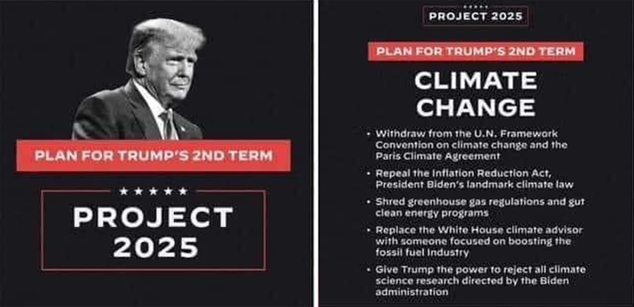 Screenshot of Facebook image showing two 'slides' about Project 2025. The first has a photo of Donald Trump above text boxes reading 'PLAN FOR TRUMP'S 2ND TERM' and 'PROJECT 2025.' The second has the same two headings, along with an accurate bullet-point list of several of several proposals to reverse Biden-Harris climate policies and boost fossil fuels. Screenshot of Facebook image showing two 'slides' about Project 2025. The first has a photo of Donald Trump above text boxes reading 'PLAN FOR TRUMP'S 2ND TERM' and 'PROJECT 2025.' The second has the same two headings, along with an accurate bullet-point list of several of several proposals to reverse Biden-Harris climate policies and boost fossil fuels.