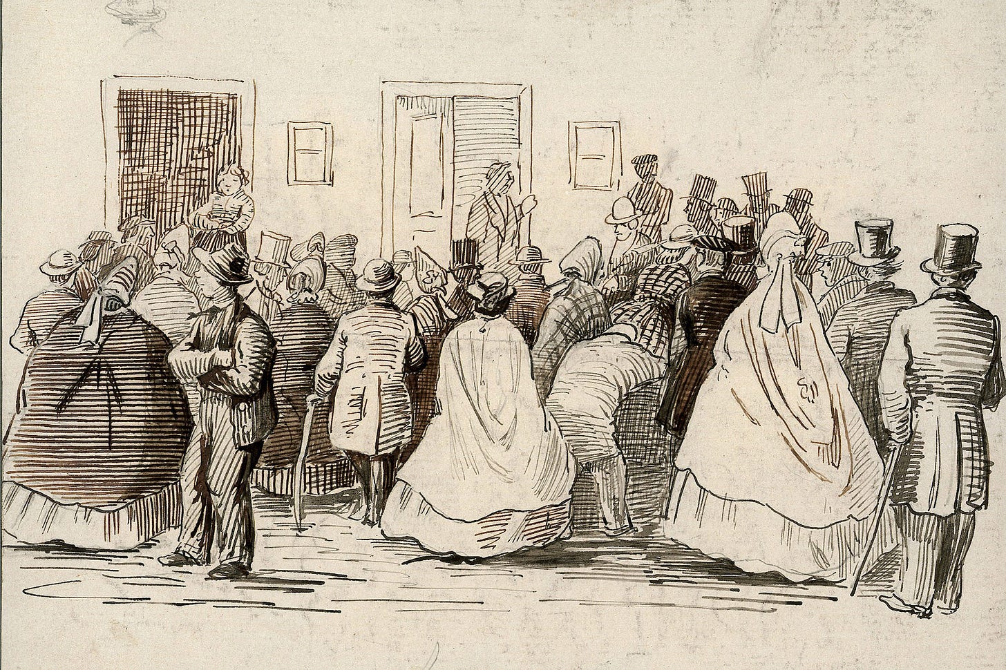 An 1800s illustration of an auction by Carl Frederik Diriks. | Oslo Museum JWC.654 v. Rune Aakvik. Digitaltmuseum.no. Public Domain Mark 1.0 Universal. An 1800s illustration of an auction by Carl Frederik Diriks. | Oslo Museum JWC.654 v. Rune Aakvik. Digitaltmuseum.no. Public Domain Mark 1.0 Universal.