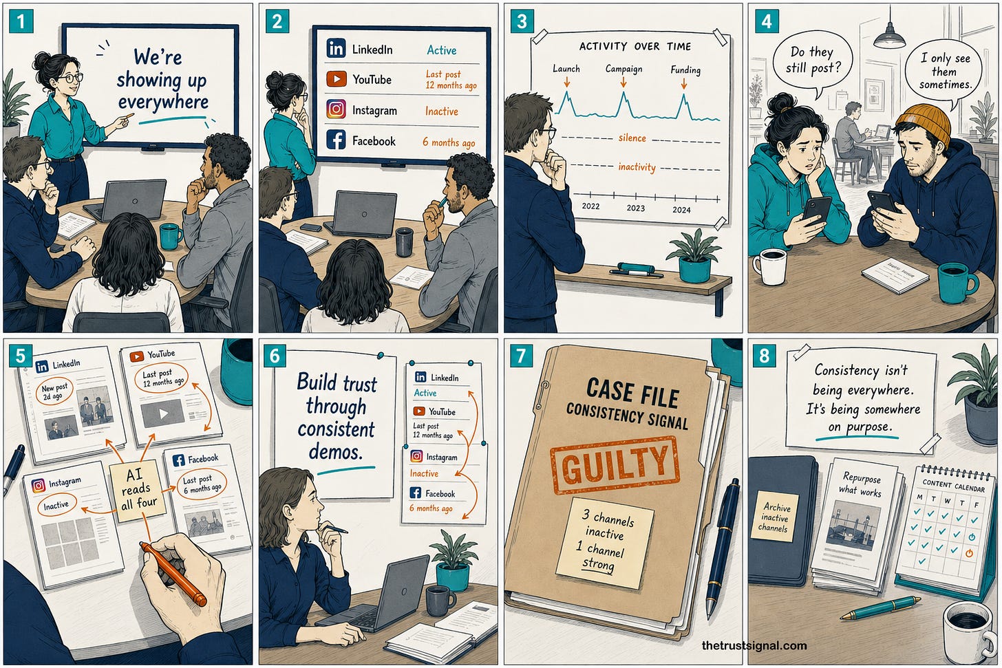 Walnut.io consistency signal audit — eight panel illustration showing how a B2B demo platform maintains strong LinkedIn presence while YouTube, Instagram and Facebook channels go inactive, with AI reading all four as evidence of broken consistency signal Walnut.io consistency signal audit — eight panel illustration showing how a B2B demo platform maintains strong LinkedIn presence while YouTube, Instagram and Facebook channels go inactive, with AI reading all four as evidence of broken consistency signal