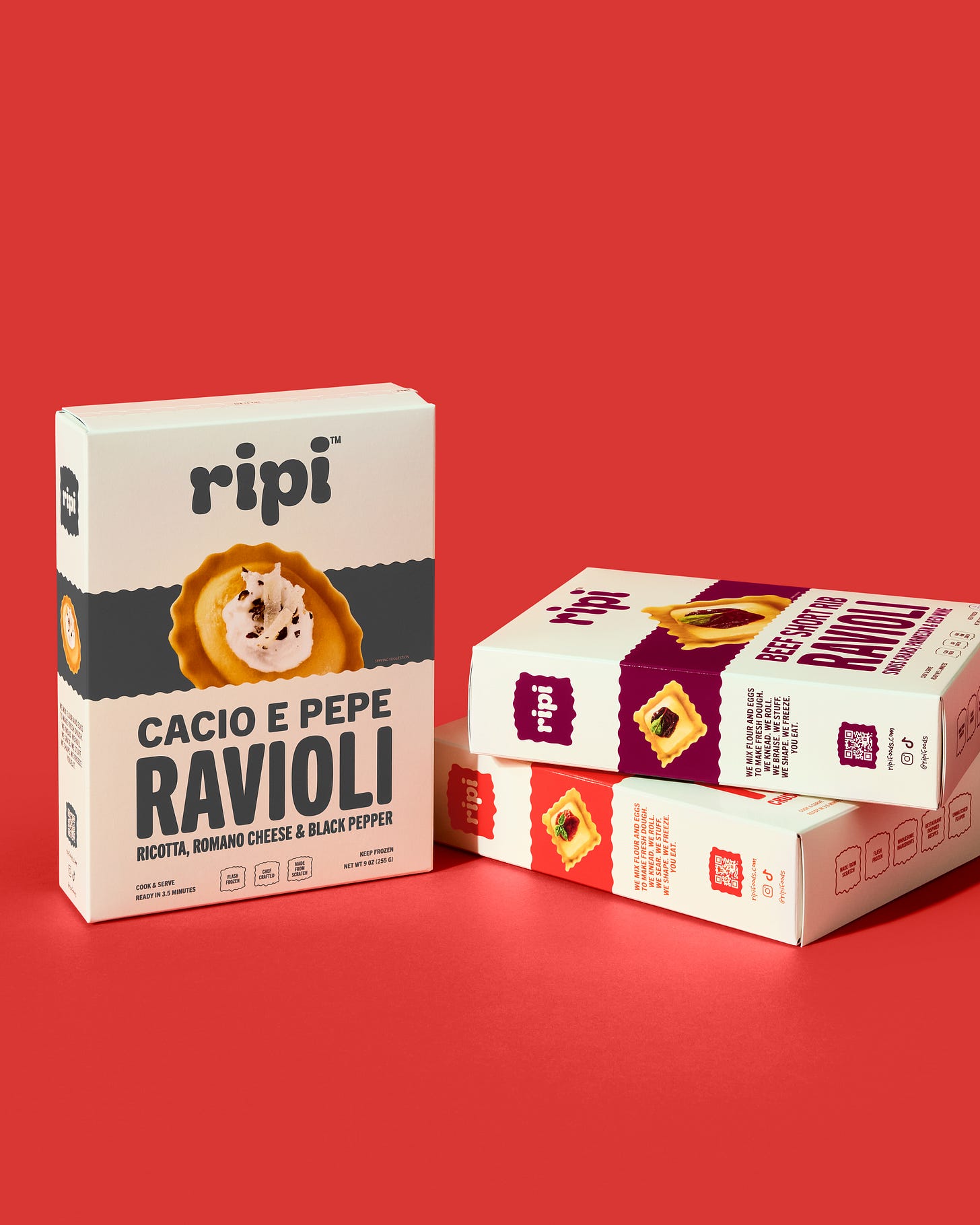 3 boxes of Ripi ravioli on a red background 3 boxes of Ripi ravioli on a red background