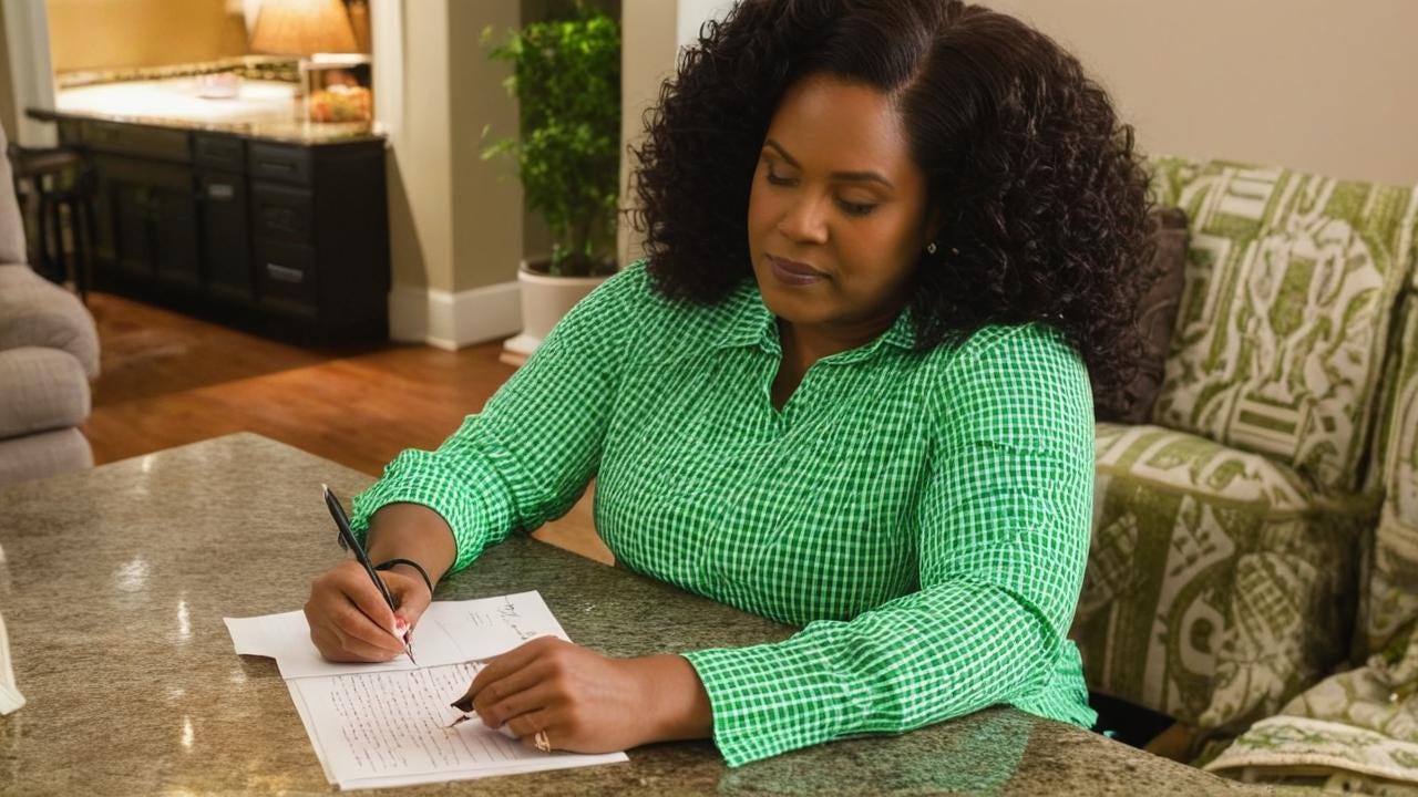 African American woman sitting in the family room with her family  writing a letter with pretty green and white shirt on
