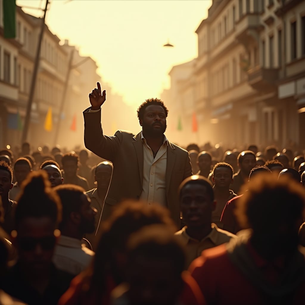Marcus Garvey, a determined Jamaican political activist, stands proudly in a crowded street, surrounded by passionate supporters, as he delivers a powerful speech, advocating for the rights of the African diaspora, circa 1917. Warm, golden lighting casts a cinematic glow, with deep shadows and subtle lens flares, evoking the gritty, filmic aesthetic of a v-raptor XL, with visible 35mm film grain and a subtle vignette. The color palette is rich and muted, with earthy tones and deep blues, reminiscent of a bygone era, post-processed to perfection. The atmosphere is electric, with a sense of urgency and purpose, as if the fate of a nation hangs in the balance. Inspired by the dramatic, high-contrast style of cinematographers like Emmanuel Lubezki and Roger Deakins, with a nod to the epic, atmospheric works of filmmakers like Steven Spielberg and Ava DuVernay.