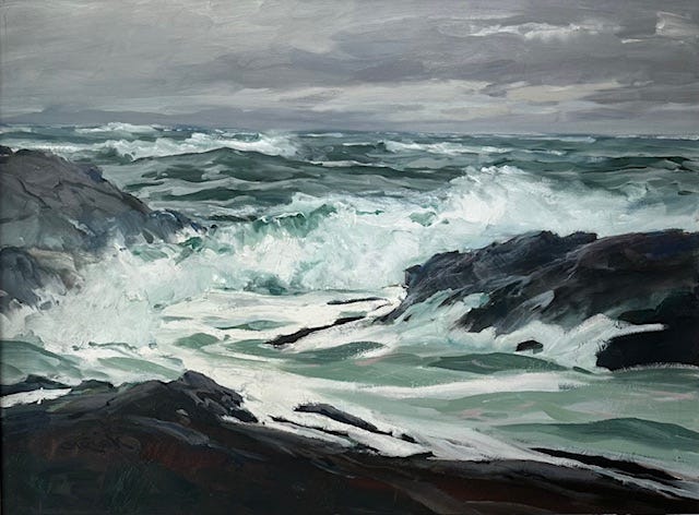A painting of waves crashing on rocks

AI-generated content may be incorrect.