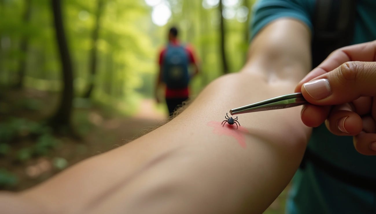 Close-up of a tick being carefully removed from an arm with tweezers in a forest setting.