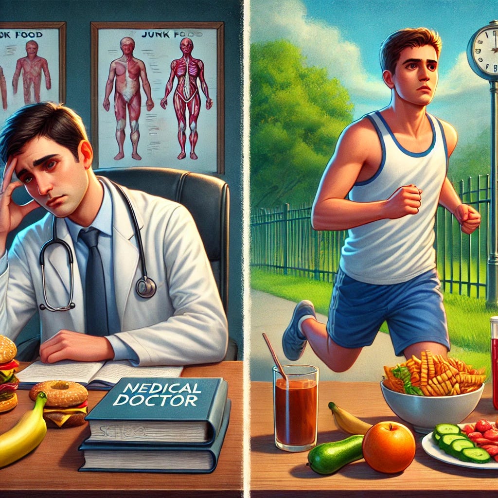 A side-by-side comparison of two men: On the left, a medical doctor named Brian, looking stressed, eating junk food, and not exercising. He appears tired and unhealthy, sitting at a desk with medical books. On the right, a school dropout named John, jogging outdoors, eating a balanced meal with fruits and vegetables, and sleeping peacefully. He looks energetic and fit. The contrast visually represents their different lifestyles.