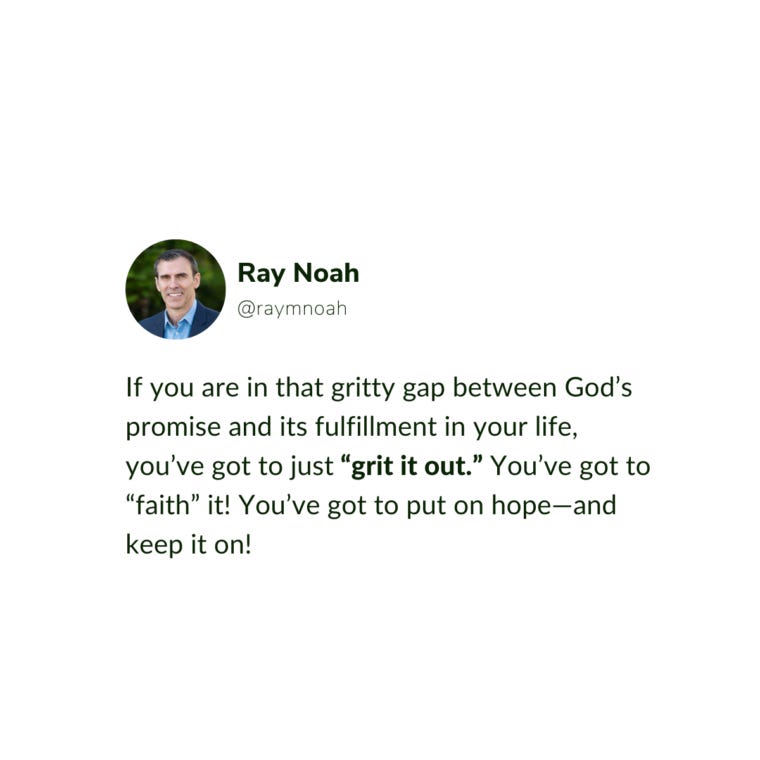 “If you are in that gritty gap between God’s promise and its fulfillment in your life, you’ve got to just “grit it out.” You’ve got to “faith” it! You’ve got to put on hope—and keep it on!” —Ray Noah “If you are in that gritty gap between God’s promise and its fulfillment in your life, you’ve got to just “grit it out.” You’ve got to “faith” it! You’ve got to put on hope—and keep it on!” —Ray Noah