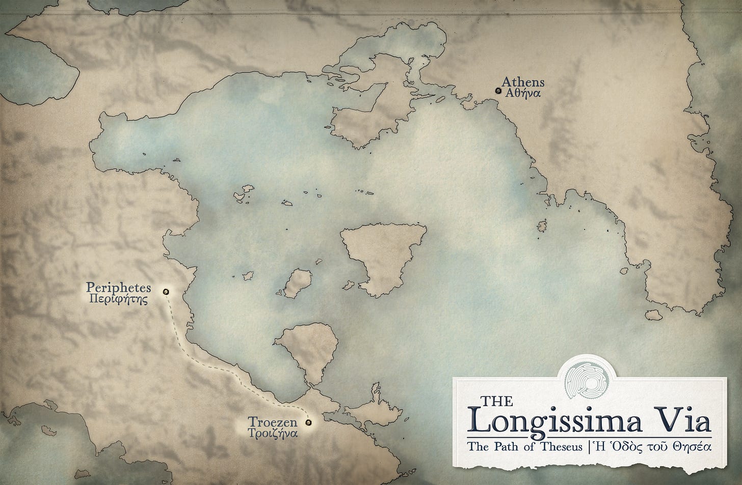 Stylized watercolor map of the northeastern Peloponnese and Attica, showing the mythic journey of Theseus. Key locations—Troezen (Τροιζήνα), Periphetes (Περιφήτης), and Athens (Αθήνα)—are labeled in English and Greek. A dashed path traces Theseus’s overland route from Troezen to Athens, passing Periphetes. In the bottom right, a parchment-style title reads: “The Longissima Via – The Path of Theseus | Ἡ Ὁδὸς τοῦ Θησέα,” with a spiral labyrinth icon above. Stylized watercolor map of the northeastern Peloponnese and Attica, showing the mythic journey of Theseus. Key locations—Troezen (Τροιζήνα), Periphetes (Περιφήτης), and Athens (Αθήνα)—are labeled in English and Greek. A dashed path traces Theseus’s overland route from Troezen to Athens, passing Periphetes. In the bottom right, a parchment-style title reads: “The Longissima Via – The Path of Theseus | Ἡ Ὁδὸς τοῦ Θησέα,” with a spiral labyrinth icon above.