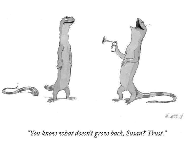 Lizard laughs, holding air horn and faced by other lizard whose tail has fallen off. Caption: "You know what doesn't grow back, Susan? Trust."